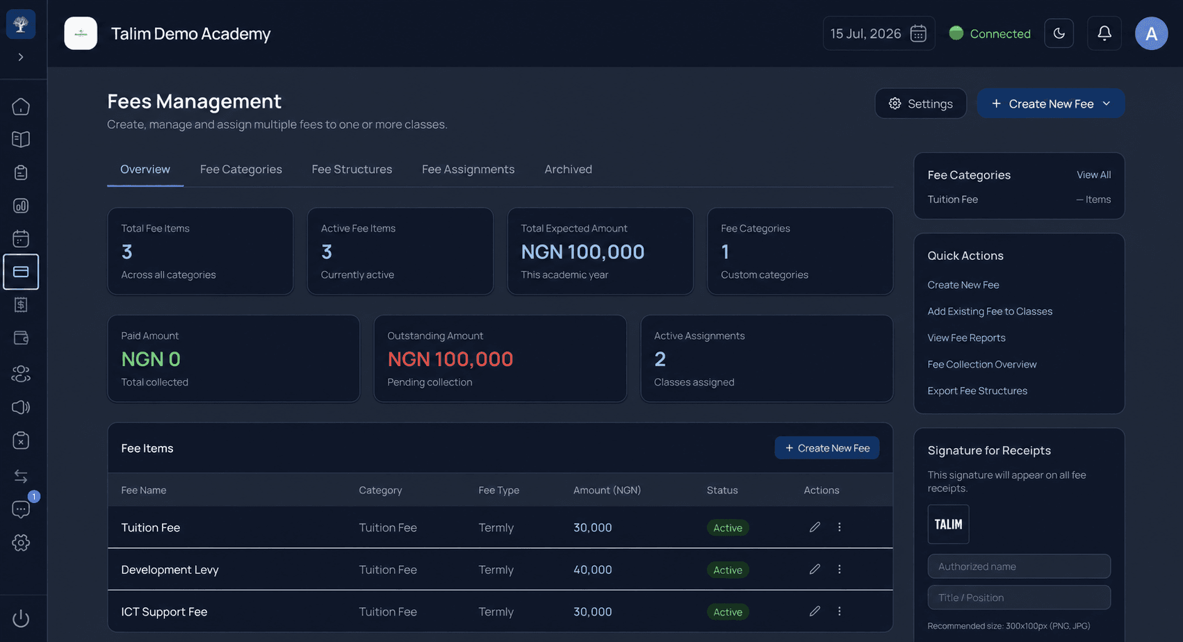 Payments: Fee collection